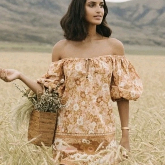 Spell Dresses & Skirts - XXS/XS SPELL Anne Tunic On or Off the Shoulder Organic Cotton Floral Mini Dress